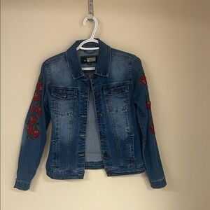 Suzanne Betro Blue Denim Jacket with Red Floral Accents
